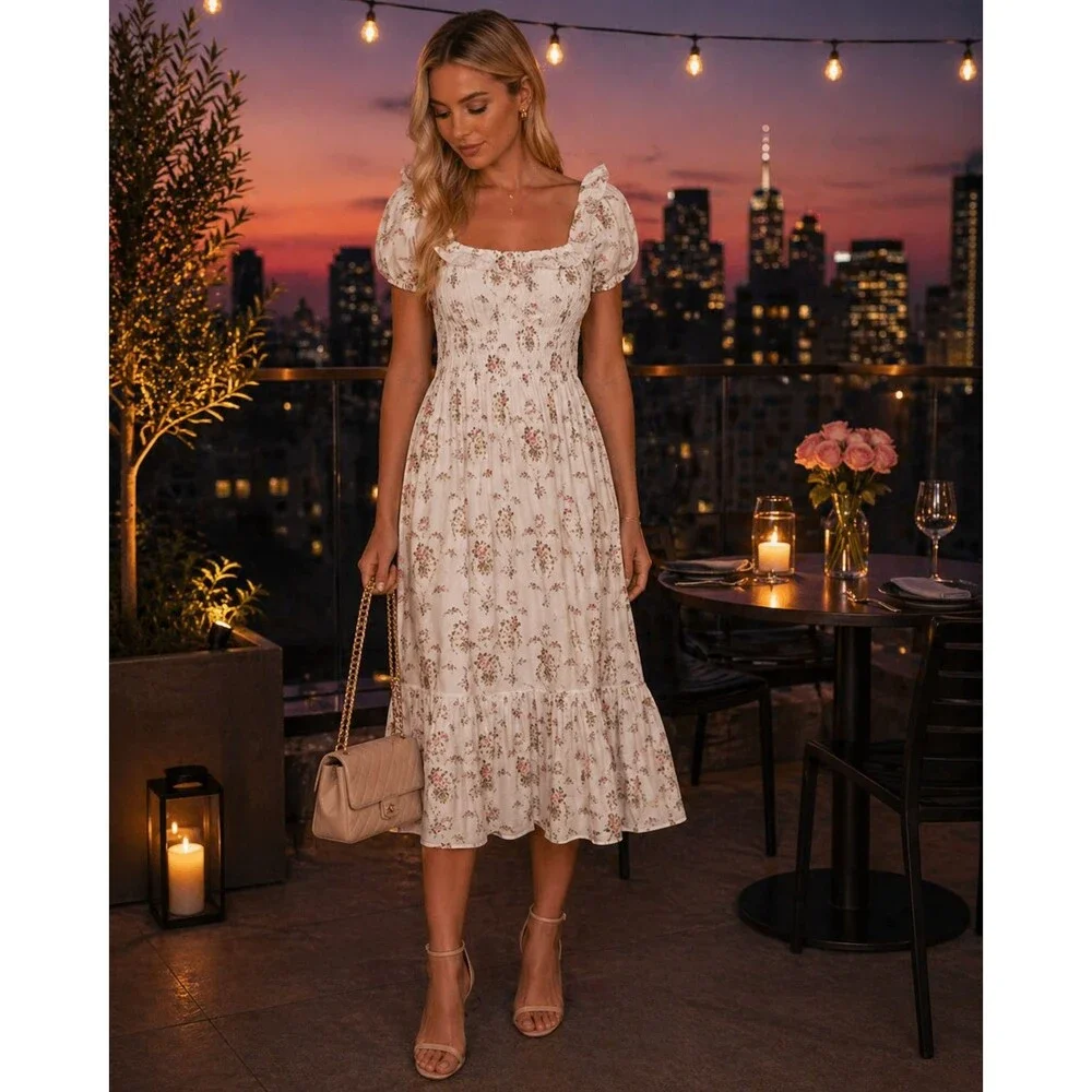LoveShackFancy Terrence Dress M Vanilla Kisses Floral Smocked Puff Sleeve Maxi - Picture 2 of 16